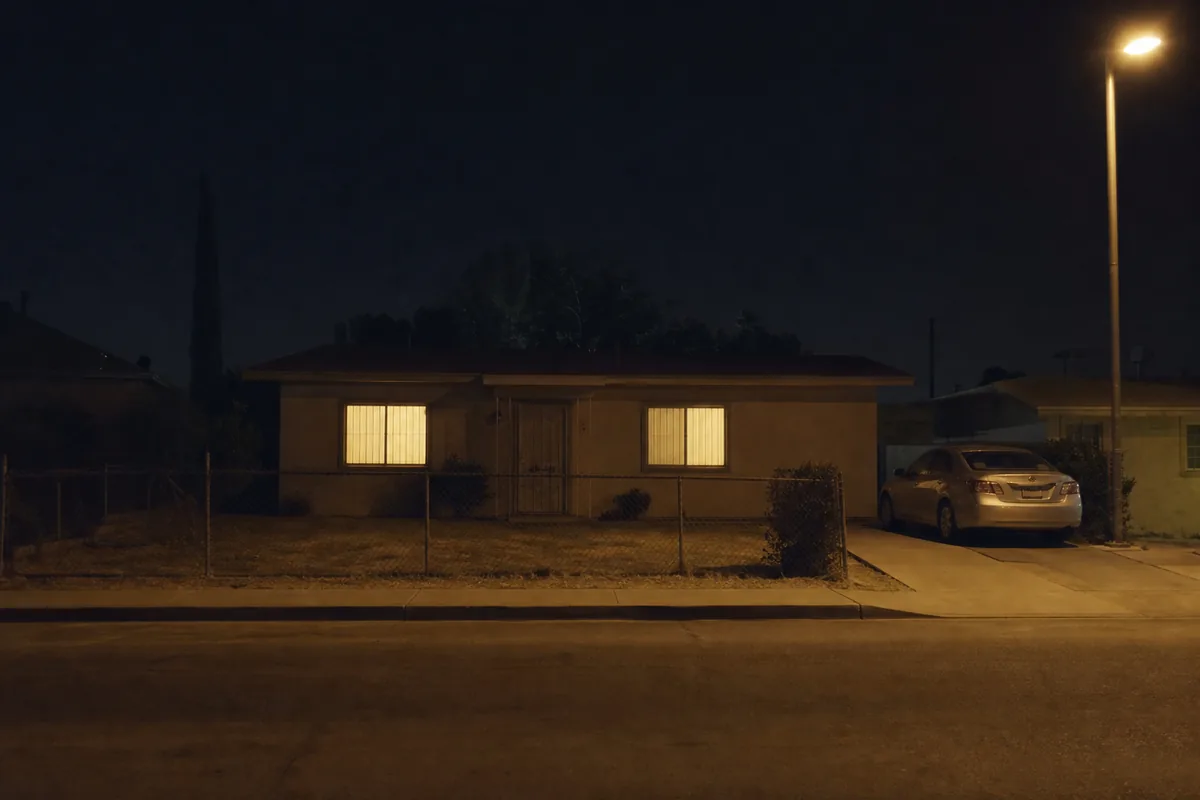 An ordinary house at night with two lit windows
