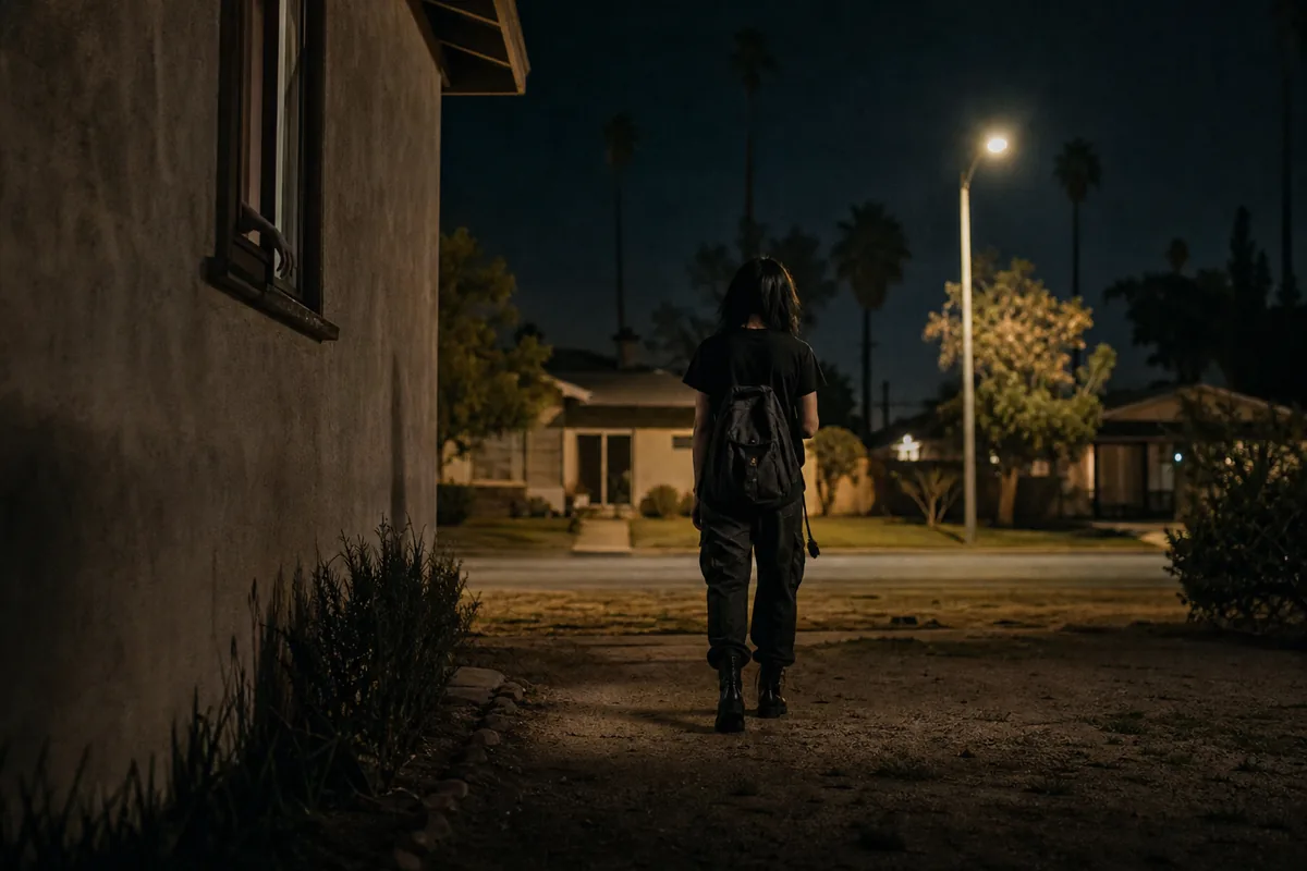 A girl walking away from a house at night with a backpack