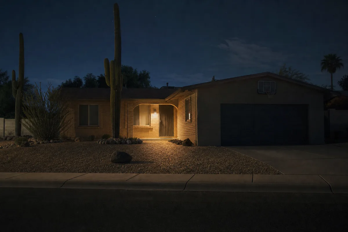 A Tucson house at night with the porch light on