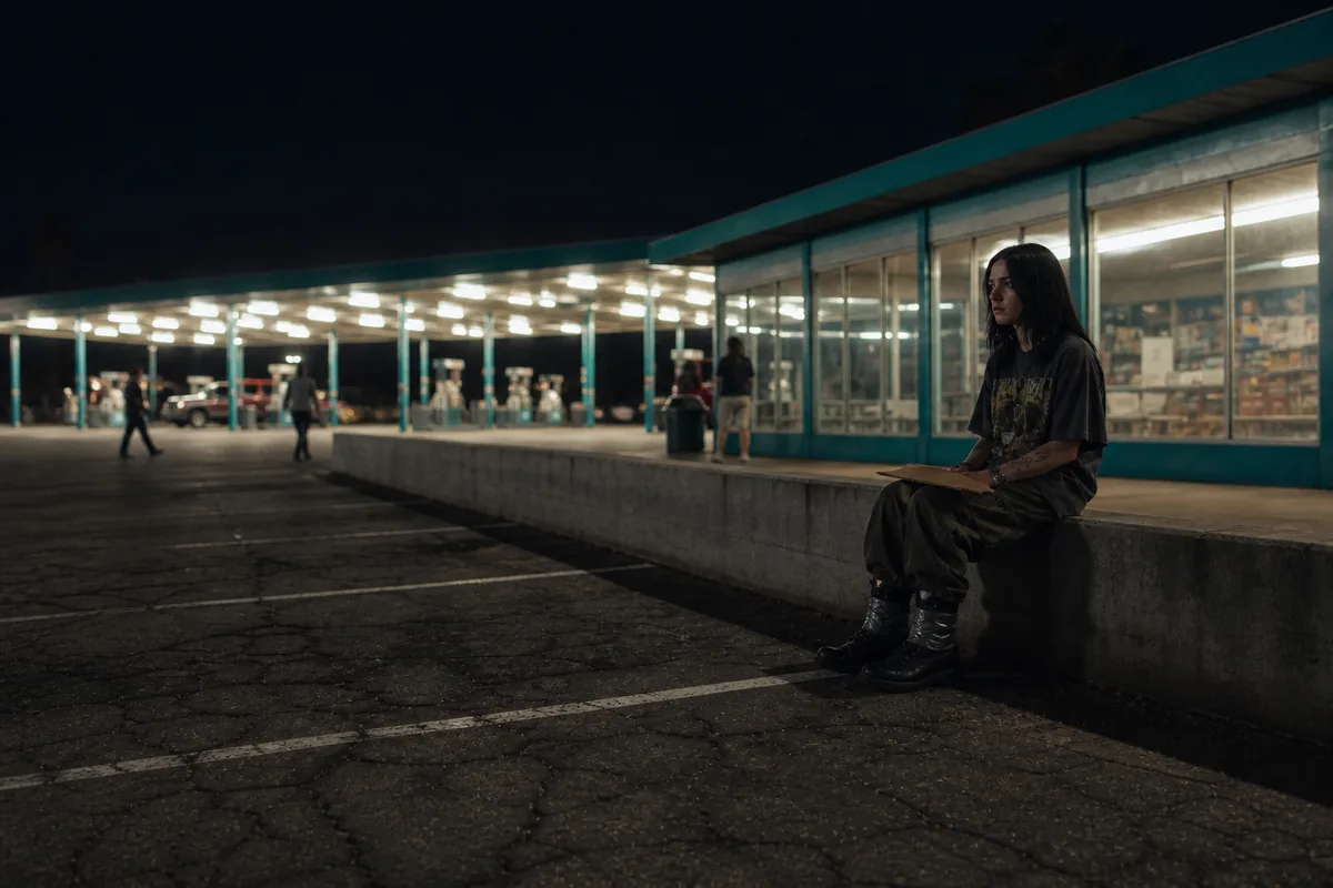 A girl sitting alone on a concrete barrier outside a truck stop