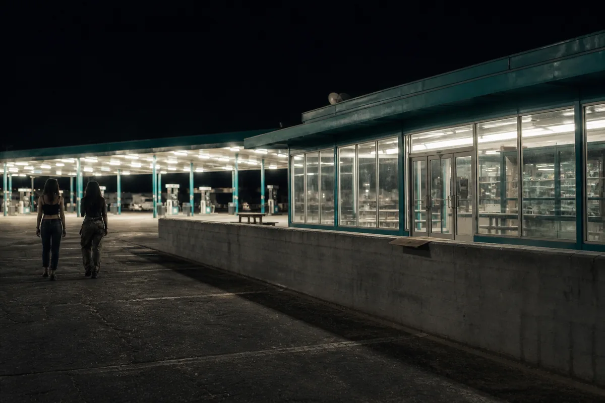 Two girls walking away across a truck stop apron at night