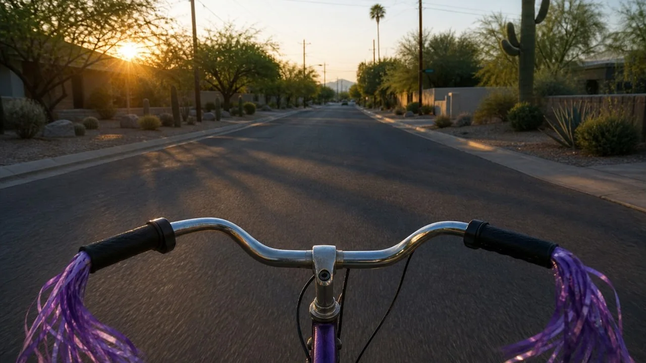 Handlebars with purple streamers on a Tucson street at sunset
